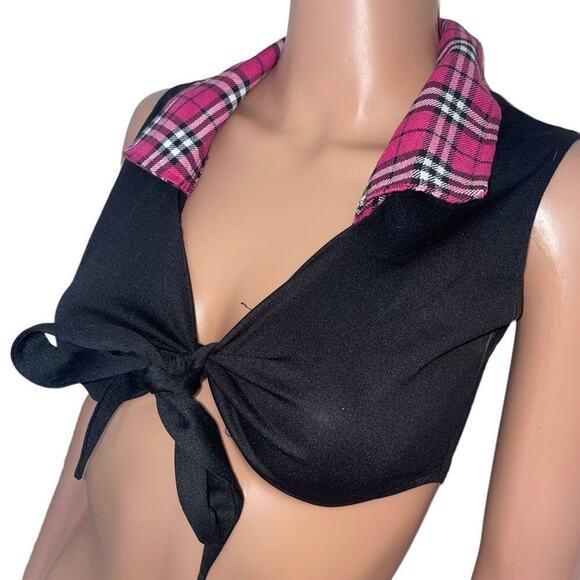 Hustler brand top black and plaid school girl front tie mid-riff belly bearing L - Picture 3 of 6